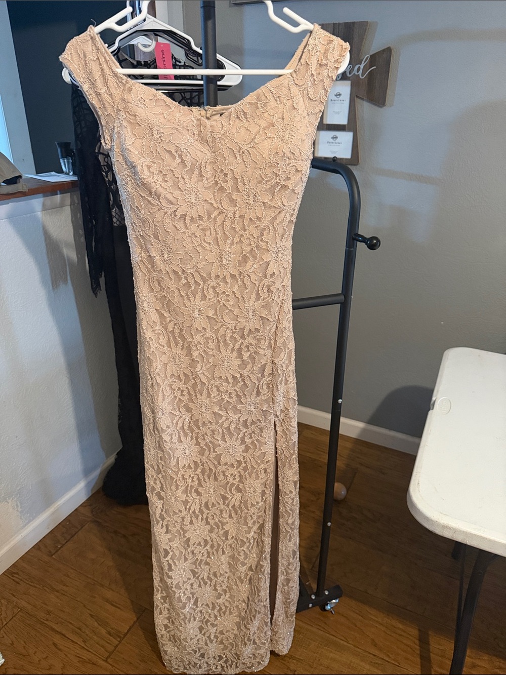 Sequin Hearts Nude Lace Maxi Dress with Side Slit